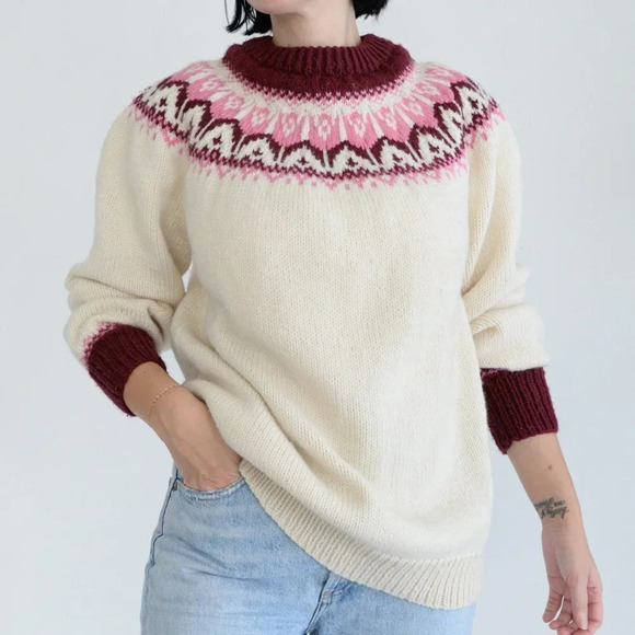 Vintage Handmade Grandma Cream Knit Pink Fair Isle Icelandic Fisherman Sweater M - Picture 3 of 13